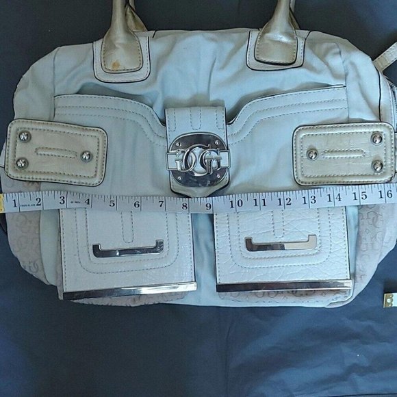 Y2K GUESS Monogram Tote Slouchy Shoulder Bag Metallic Accents - Picture 6 of 10